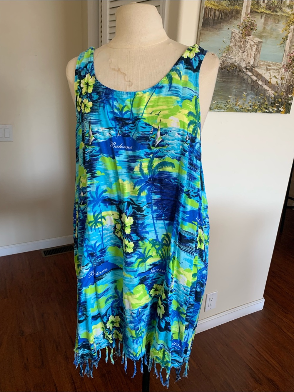 Tropical plus size  Blue & Lime Sleeveless Beach Cover-Up with fringe bottom